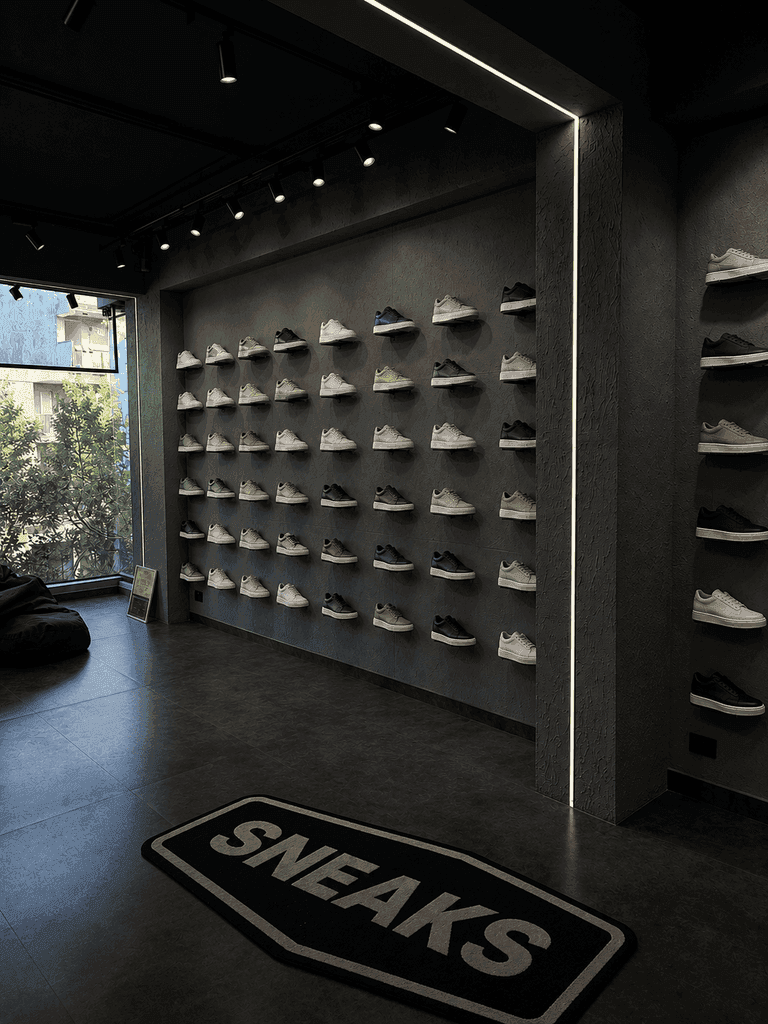 Sneaks physical store display showcasing clean sneaker collection
